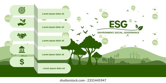 Icono de concepto de ESG para empresas y organizaciones, concepto de Medio Ambiente, Social, Gobernanza y desarrollo de sostenibilidad con diagrama de venn, ilustración vectorial, infografía.