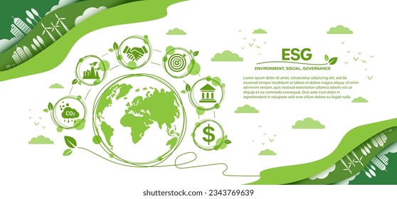 Icono de concepto de ESG para empresas y organizaciones, concepto de Medio Ambiente, Social, Gobernanza y desarrollo de sostenibilidad con diagrama de venn, ilustración vectorial, infografía.