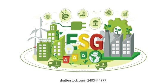 Iconos de concepto de ESG para empresas y organizaciones, Medio Ambiente, Social, Gobernanza y desarrollo de sostenibilidad con diagrama de venn para reducir el co2. Ilustración vectorial para banner web.