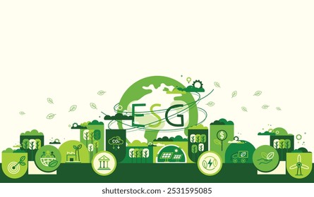 Concepto ASG con iconos para negocios y organización, medio ambiente, social, gobernanza y desarrollo sostenible. Ilustración vectorial Verde, Industria y empresa hacia la dirección de bajas emisiones.