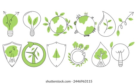 Esg concept  icons pack. Business set. Collection of conceptual graphic stickers. Symbols about environmental, social governance and  sustainability. Green vector illustration