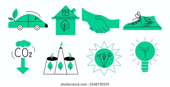 Paquete de iconos de concepto ESG. Colección de pegatinas gráficas conceptuales. Símbolos sobre el medio ambiente, la gobernanza social y la sostenibilidad. Ilustración vectorial verde