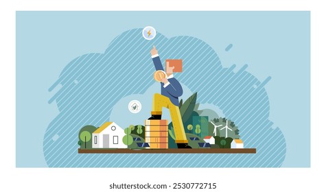 ESG concept. Includes people standing on blocks surrounded by nature and technology elements. Ideal for sustainability, environment, social responsibility, governance, economic growth