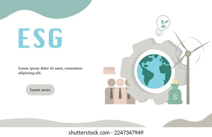 ESG-Konzept. Informationsbanner ruft dazu auf, den Beitrag dieses Unternehmens zu ökologischen, sozialen Fragen zu würdigen. Vektorgrafik