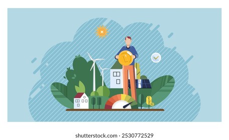 ESG concept. Man holding coin, standing among renewable energy sources like wind turbines, solar panels, and eco-friendly buildings. Ideal for sustainability, renewable energy, eco-friendly