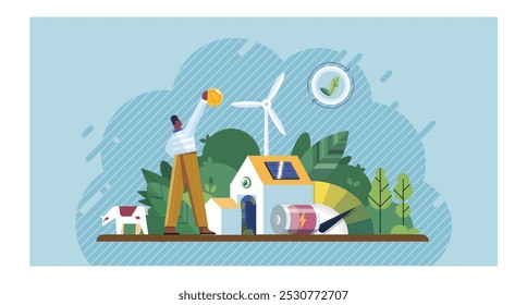 ESG concept. Person working on a sustainable project, wind turbine, solar panel, and eco-friendly elements. Ideal for topics renewable energy, environmental protection, green technology, sustainable