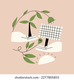 Esg concept. Renewable energy source, solar panel and windmill. Vector illustration in flat style