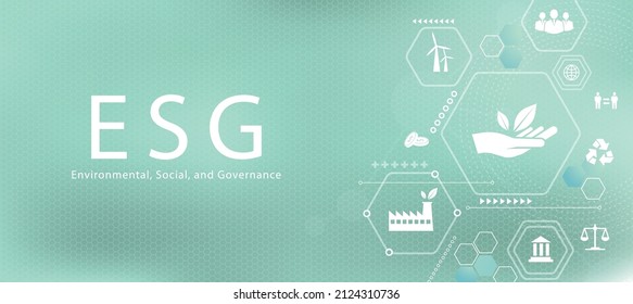 ESG concept. Set of environmental, social and corporate governance icons. Information banner calls to commemorate this company's contribution to environmental, social issues.