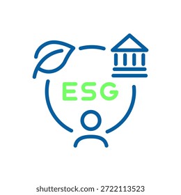 Conceito do Esg mostrando folha ambiental, pessoa social e construção de governança, enfatizando metas de sustentabilidade corporativa. Traçado editável do ícone de linha fina