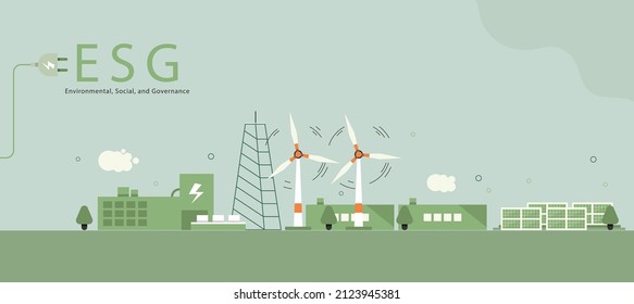 Concepto de ESG, medio ambiente sostenible, sociedad y gobernanza y gobierno social con turbinas eólicas y paneles solares. banner de ilustración vectorial