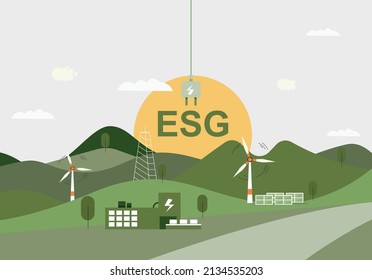 ESG concept, sustainable environment, society and governance and social government with wind turbines and solar panels. vector illustration banner