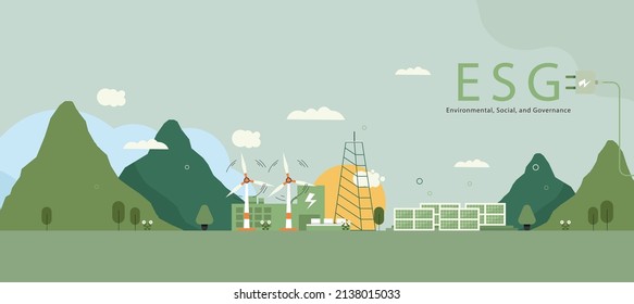 ESG concept, sustainable environment, society and governance and social government with wind turbines and solar panels. vector illustration banner