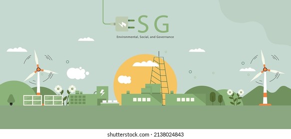 Concepto de ESG, medio ambiente sostenible, sociedad y gobernanza y gobierno social con turbinas eólicas y paneles solares. banner de ilustración vectorial