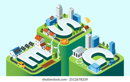 Concepto ASG. Sistema para priorizar cuestiones ambientales, sociales y de gobierno corporativo. Invertir en negocios e innovación verdes. Producción ecológica. Ilustración vectorial isométrica 3D