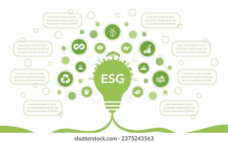 ESG-Konzepte für die Umwelt Soziale Governance und Nachhaltigkeit Konzept mit Venn-Diagramm. grüne Glühbirne und grüne Symbole Vektorgrafik.