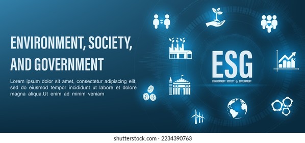 ESG concepts for environment, society and governance can be used for web banners, websites, brochures or designs etc. blue background. EPS 10 vector.