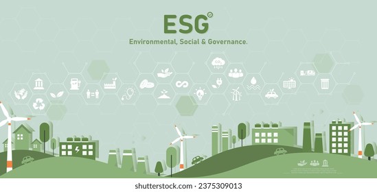 ESG-Konzepte in Bezug auf Umwelt, Gesellschaft und Governance Es ist ein Konzept für eine nachhaltige organisatorische Entwicklung. Man denke an die Umwelt, die Gesellschaft und die Unternehmensführung. Vektorgrafik