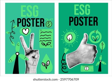 ESG conceptual posters collage with hands and eco-friendly doodle elements. 