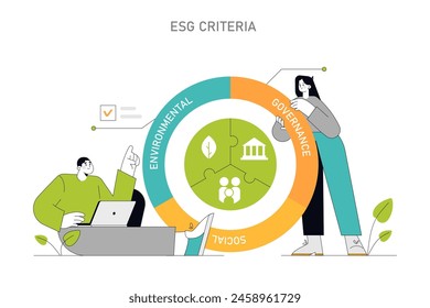 Los profesionales de la empresa valoran e integran los factores ambientales, sociales y de gobernanza en su estrategia para la Ilustración vectorial de operaciones responsables