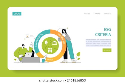 ESG Criteria concept Business professionals assess and integrate Environmental, Social, and Governance factors into their strategy for responsible operations Vector illustration