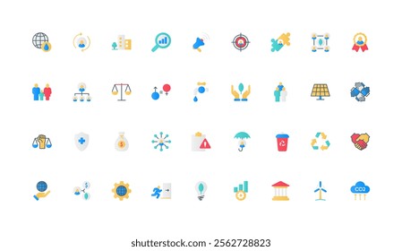 ESG criterias, Environmental, social, and governance, corporate ethics and society strategy color icon set. Ecology protection, sustainable technology, responsibility flat elements vector illustration