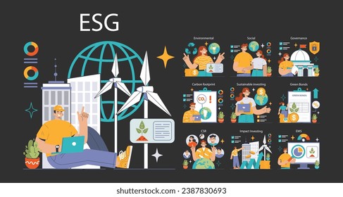 ESG dark or night mode set. Exploring environmental, social, governance factors. Carbon footprint, sustainable investing, green bonds. Corporate social responsibility. Flat vector illustration