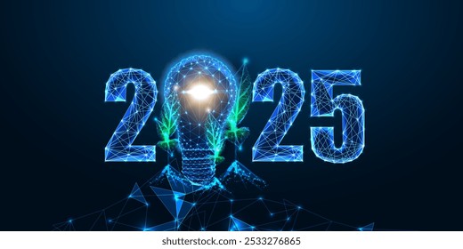 ESG, eco-friendly innovation, climate action, 2025 sustainable goals concept with glowing 2025 digits, lightbulb, and green leaves on dark blue background. Low polygonal abstract vector illustration