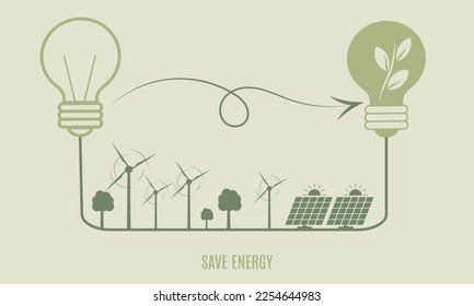 ESG ecology concept . Alternative energy, sustainable eco system, renewable sources, wind turbine, solar panels Vector illustration