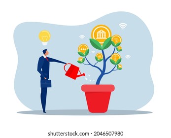 ESG or ecology problem concept; businessman leader watering seedling growth invest concept vector illustrator