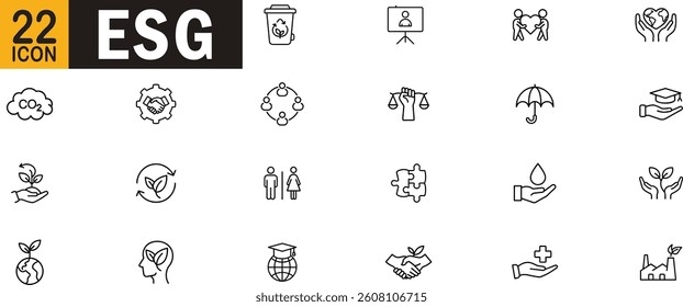 Esg editable outline icon set. Sustainability, diversity, inclusion, recycling, equality, governance, environment, ethics, social-impact and more.