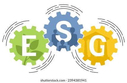 ESG emblem as a gear box - Environmental, Social and Corporate governance. Collective conscientiousness for social and environmental factors