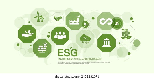 ESG Medio Ambiente Social y Gobernanza Conceptos ESG sobre medio ambiente social. Objetivos de gestión empresarial sostenible. Ilustración vectorial de iconos verdes.