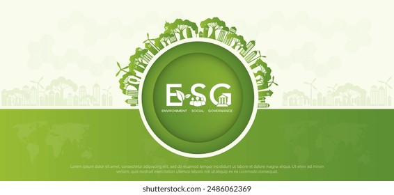 ESG - Medio Ambiente, Social y Gobernanza Conceptos ESG sobre gestión de desempeño ambiental, social y de sostenibilidad corporativa para la selección de inversiones. antecedentes de Ilustración vectorial verde.