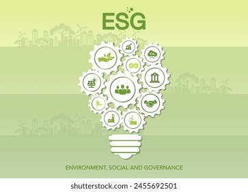 ESG Medio Ambiente, Social y Gobernanza, Es una idea para el desarrollo empresarial sostenible. Análisis de inversión empresarial. Ilustración vectorial de iconos verdes.