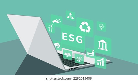 ESG environment social governance investment business strategy on laptop computer concept with icons of green energy, renewable, reduce pollution and carbon emission, flat vector illustration