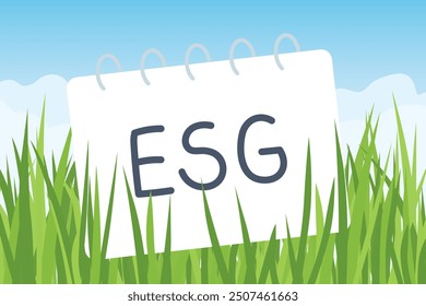 ESG Medio ambiente Gobierno social escrito en cuaderno de espiral en la hierba verde contra el cielo azul - Ilustración vectorial