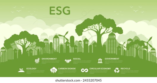 ESG - Environment, Society and Governance ESG concepts on environmental, social and corporate sustainability performance management for investment screening. Green vector illustration.