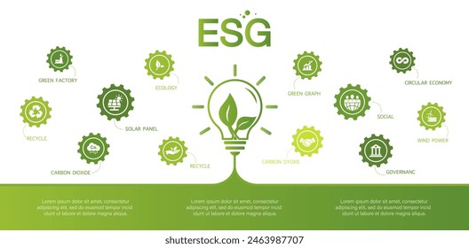 ESG - Medio Ambiente, Sociedad y Gobernanza Conceptos ESG sobre gestión del desempeño ambiental, social y de sostenibilidad corporativa para la selección de inversiones. Ilustración vectorial verde.