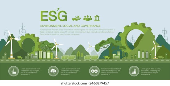 ESG - Sociedad del Medio Ambiente y Gobernanza. Conceptos sobre el medio ambiente social. Desarrollo empresarial sostenible. Estrategia de inversión socialmente responsable. Ilustración vectorial