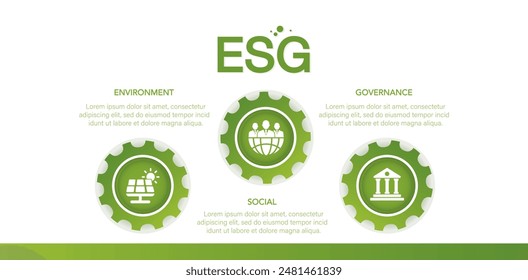 ESG - Environment, Society and Governance ESG concepts on environmental, social and corporate sustainability performance management for investment screening. Green vector illustration.