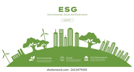 ESG - Environment Society and Governance ecological concepts with icon  building, solar energy, windmill, tree, carbon emission, zero carbon concept