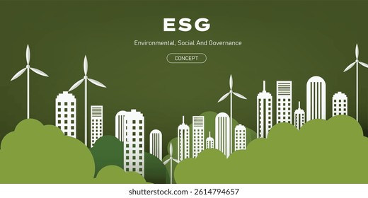 ESG - Environment Society and Governance ecological concepts with ecological icon, net zero carbon emission  green city, building nature, energy saving, windmill, solar energy	