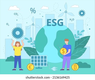 concepto de negocio ambiental de ESG. Preocupación por el estado ecológico del planeta. Energía renovable, industria sostenible con turbinas eólicas y paneles solares. Conservación de los recursos del planeta. 