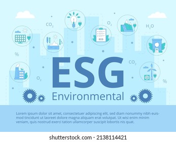 concepto de negocio ambiental de ESG. Plantilla para presentación. Cartel. Cabecera en el centro con iconos alrededor. Energía renovable. Ilustración vectorial plana moderna.