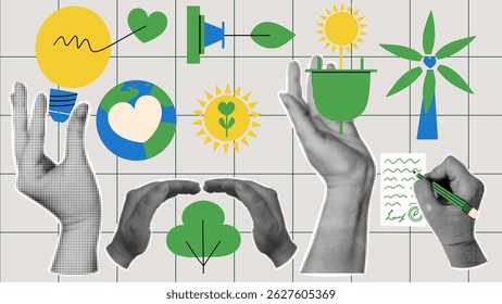 ESG environmental collage. Halftone hands with  sustainable elemetns. Green energy, lightbulb, wind turbine and planet. 