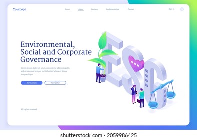 ESG, Environmental Social And Corporate Governance Isometric Landing Page. Business Concept Of Sustainable Green Company Resources Usage, Responsible Attitude To Nature And Future 3d Vector Web Banner