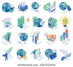 Esg medio ambiente social gestión empresarial sostenibilidad derechos humanos igualdad de género cambio climático iconos isométricos conjunto de ilustraciones vectoriales aisladas