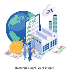 Esg environmental social corporate governance sustainable and ecological production isometric concept with 3d plant building earth happy people vector illustration