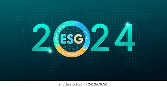 ESG of environmental, social, and corporate governance on green world map chart stock background with icons. Sustainable corporation development and planning business strategy 2024. Banner vector.