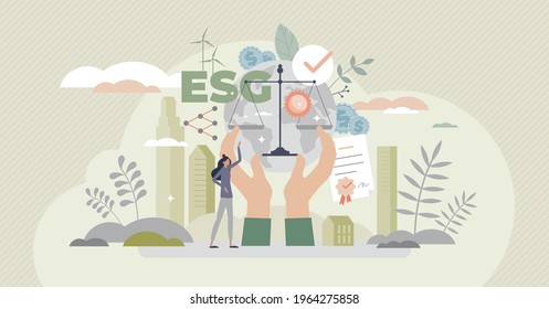 ESG as environmental social governance business model tiny person concept. Sustainable and green company resources usage commitment with responsible attitude to nature and future vector illustration.